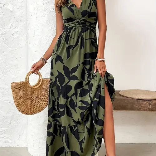 Women's V Neck Sleeveless Floral Print Bohemian Style Dress, Elegant Feminine Summer Casual Wear, Comfortable & Stylish Design, Boho Chic Style, Perfect for Daily