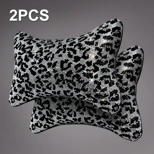 Queen’s Land 2PCS Sparkly Leopard Car Headrest Pillows, Soft Car Pillows for Girls Bling Rhinestones Diamond Car Accessories for Women, Car Decor for Girl, Pink Red Black Leopard Car Accessories Gift