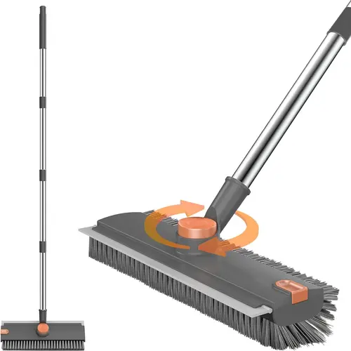 Rotating Floor Scrub Brush with Long Handle – 3-in-1 Heavy Duty Bathroom & Tile Floor Cleaner Tool with Stiff Bristles, Squeegee & Gap Cleaning Tweezer, Deep Cleaning Mop Brush for Shower, Grout, Kitchen, Patio, Garage, Home Cleaning Supplies