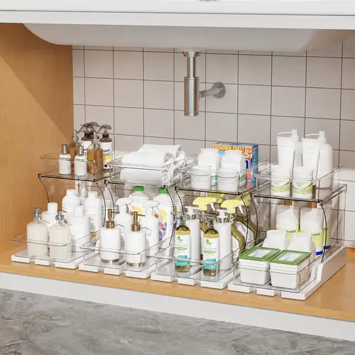 AIR U 2 Pack Kitchen Sink Storage Rack , Double Tier Pull Out Design, 180° Rotatable, Ideal For Kitchen Sinks, Bathrooms, And Vanities. Perfect For Storing Spices, Cleaning Supplies, And Cosmetics  Mother’s Day Gift