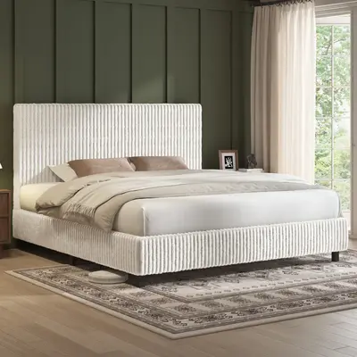 [Summerwins] AMERLIFE Upholstered Bed Frame, Corduroy Platform Bed with 3.5" Thick Gap-Free Headboard, Fully Padded, Metal Frame with Strong Slats, No Box Spring Needed