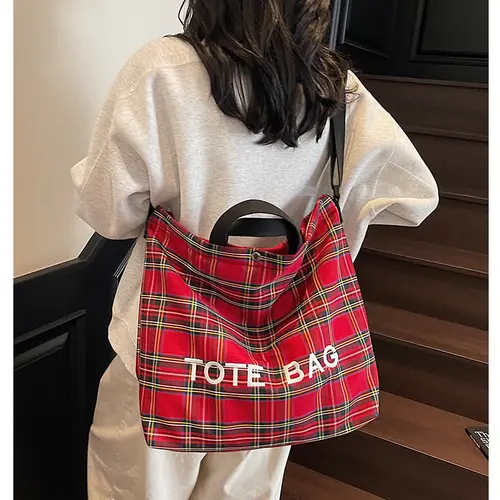 Large Capacity Fabric Tote Bag with Adjustable Shoulder Strap for Daily Commute, Shopping, School - Red Plaid Letter Print Crossbody Handbags for Women's Daily Use summerwins,summerwins Fashionable Patterned Bag Everyday Bags