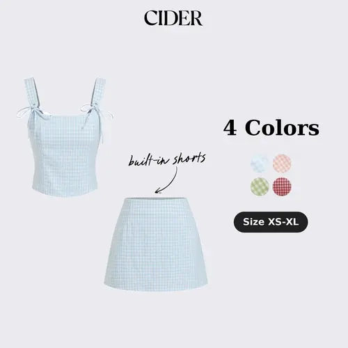 Cider U-neckline Gingham Bowknot Crop Tank Top & Low Rise Mini Skirt Set SohoChic