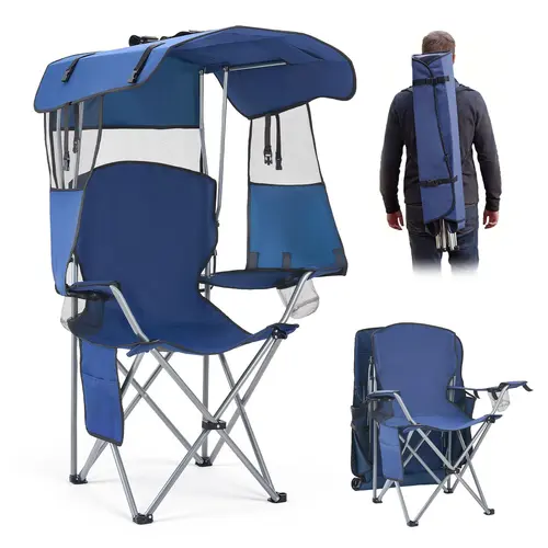 【SummerFinds】VEVOR Camping Chair with Canopy Shade, Folding Beach Chair with Canopy & Magazine Pocket, 2 Cup Holders, 330 lbs Heavy Duty Support, Carry Bags for Outdoor, Camp, Fishing, Tailgates, Deep Blue