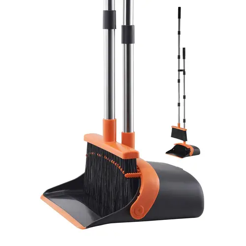 【SummerFinds】VEVOR Broom and Dustpan Set, Heavy Duty Dustpan and Broom Combo with Self-Cleaning Teeth, Metal Upright Standing Dust Pan with Long Handle, Ideal for Home, Restaurant, Office, Dorm, Black+Orange