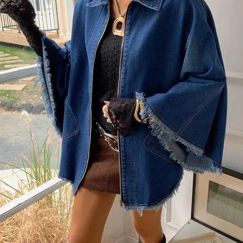 Vintage Loose Cape‑Style Dark Wash Denim Jacket, Frayed Zipper Design, Casual Streetwear Outerwear for Women, Comfortable and Stylish, Everyday Raw Hem Outerwear