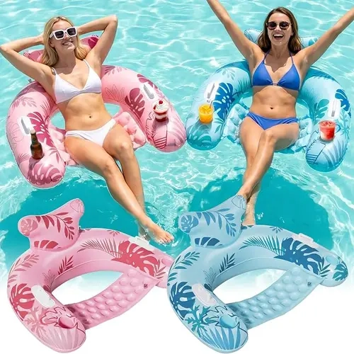 Ecofurnix Adult Inflatable Pool Lounger Chair - 2-4 Pack Tear-Proof PVC (Polyvinyl Chloride) Water Float with Double Drink-Ready Cup Holders, Sturdy Side Handles, Ergonomic Headrest, 300 lbs Capacity for Summer Water Gatherings