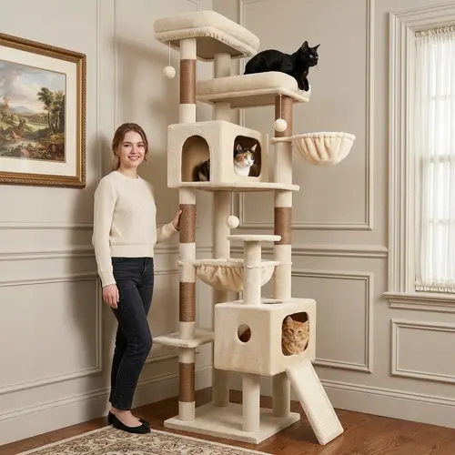 DESKAT 80" Tall Cat Tree for Large Cats, Safety First Stable Multi-Level Tower with 2 Condos, Sisal Scratching Posts, Deep Hammock & Padded Perches, Anti-Topple Strap, Thick Base, Space-Saving, F80G, Best Views In The House
