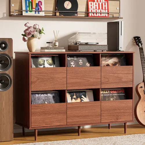 BROTTAR Large Record Player Stand with Vinyl Storage , 2-Tier Record Storage Cabinet, Mid Century Turntable Stand, Vinyl Record Storage with Shelves for Bedroom, Living Room, Office (Walnut),dorm essentials,home decor