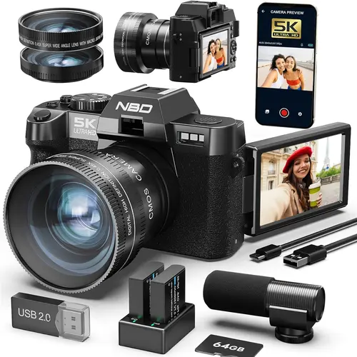 NBD Rechargeable Mirrorless Digital Vlogging Camera Kit - 64MP Camera, 5000P Resolution, 16X Autofocus Zoom, WiFi & App Control, Anti-Shake, 180° Flip LCD Screen, 64GB TF Card, 52mm Wide Angle & Macro Lens, Charger Included, Mirrorless Digital Camera