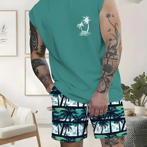Men's Sleeveless Tropical Printed Beach Shorts Set, Summer Cool Casual Sports Wear, Breathable Comfort Couple Swimwear Matching
