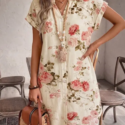 Women's V Neck Floral Print Casual Boho Bohemian Short Vacation Dress, Lightweight Woven Fabric, Perfect for Summer  Relaxing Days Outdoors, Boho Shirt Dress, Casual Beach Dress