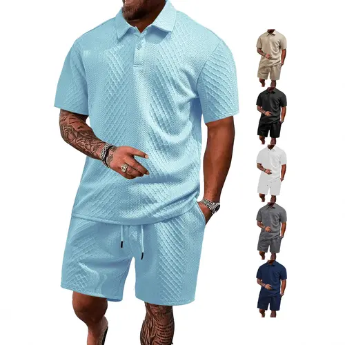 Men's 2-Piece Knit Set - Short-Sleeve Polo Shirt & Adjustable Drawstring Shortsleeve Shorts, Stylish Solid Color Casual Summer Menswear, Versatile Relaxed Comfort, Father's Day Gift Option