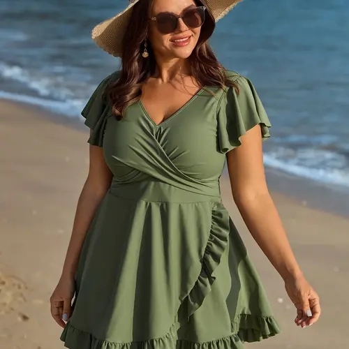 BloomChic Ruffled Sleeve Curvy Hem Swim Dress 【M-6XL】
