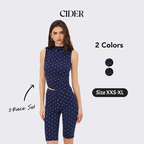 Cider 2-Piece Set Cotton-blend High Neck Polka Dot Asymmetrical Hem Top & Mid Rise Capri Pants Casual Womenswear Set Summer Sporty Style SohoChic
