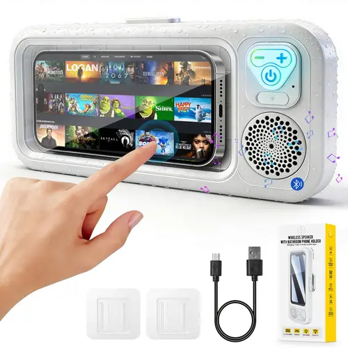 IPX5 Rated Waterproof Shower Bluetooth Speaker & Cellphone Holder (Bluetooth Version-B) - 360 Rotatable Viewing Angle Suction Cup Wall Mount, Adjustable Clip Installation, Universal for Smartphones & Pads, Ideal for Landscape Viewing, Accessories