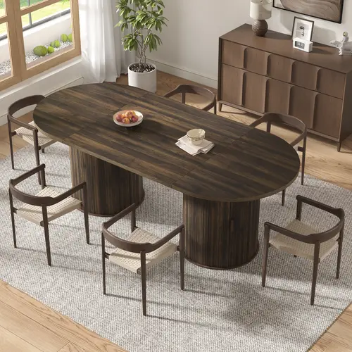 [ONLY INCLUDING Table][Summerwins] [SummerFinds] AMERLIFE 86.6'' Modern Extra Long Oval Dining Table with Hidden Storage, Wooden Dining Table with Cylindrical Fluted Base, Seats 6–8, Sturdy Kitchen & Dining Room Furniture