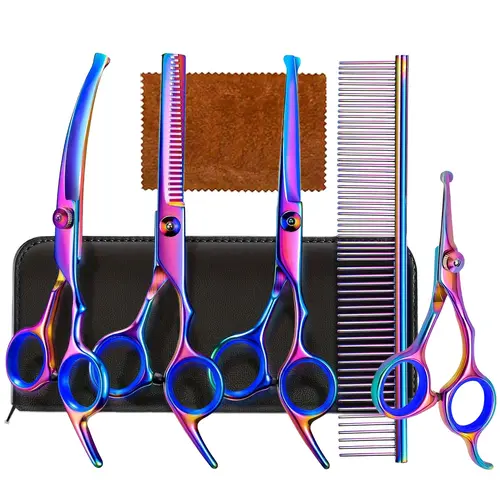 Professional 7-In-1 Pet Grooming Scissors Set, Grooming Tools, Safety Rounded Tips, Sharp Stainless Steel, Ideal for Cats and Dogs, Grooming Supplies