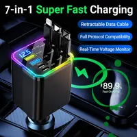 120W Max Super Fast Charging 7-in-1 Automatic Retractable Car Charger with Lightning Data Cable, 3-in-1 Auto-Retract Cables, USB Port, Digital Voltage Monitor, Smart Protection - Car Electronics Accessories for iPhone, Samsung Road Trips