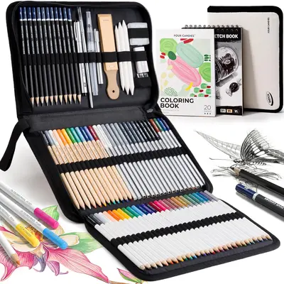 summerwins Four Candies 85Pack Art Drawing Supplies Pencils Set,Sketching Art Set with Colored Pencils,Graphite Pencils in Portable Zipper Case,Supplies for Adults Teens Artists,Sketchbook & Coloring Book,Marker Pens for School Office Home Students gift