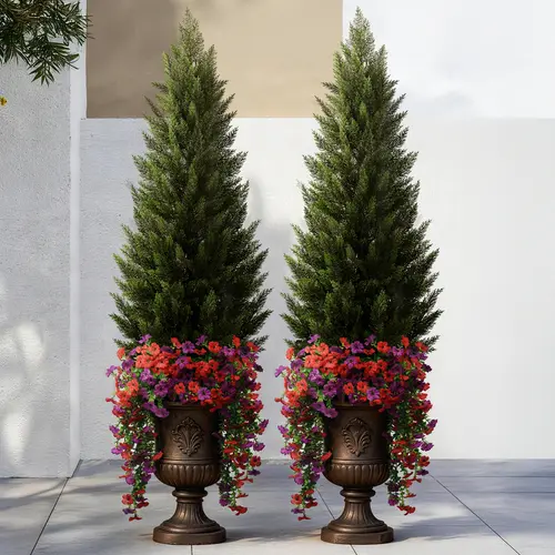Set of 2 Artificial Cedar Topiary Trees (5/4/3 ft) — Includes Faux Flowers | Realistic Potted Plants for Indoor, Outdoor, and Porch Decor