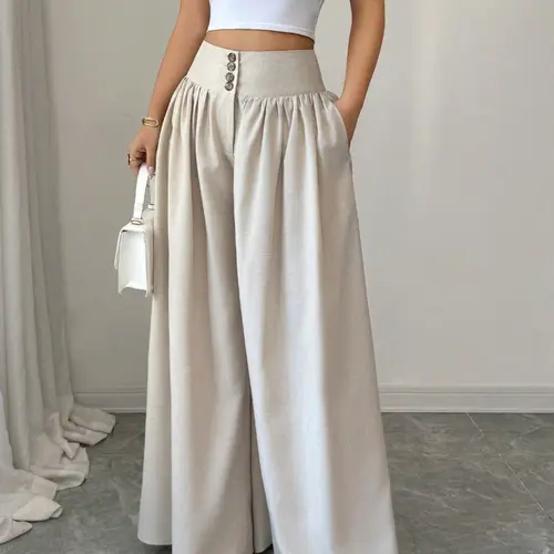 New Women's Casual Elegant Minimalist Fashion Pleated Wide Leg Pants, Light Long Loose Fit Jeans for Daily Wear, Everyday Comfortable & Stylish Bottoms, Casual Comfy Pants