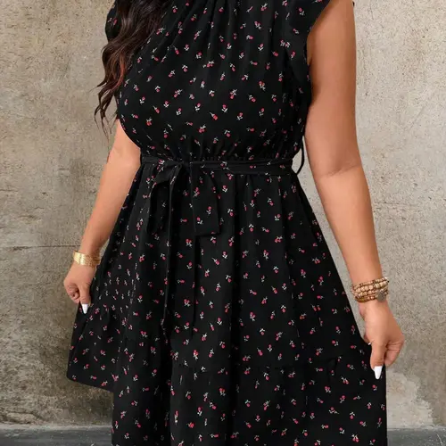 Women's Plus Size Floral Print Dress Ruffle Mock Neck A-Line Short Dresses Tie Waist Tiered Flowy Casual Summer Vacation Boho Bohemian Party Trendy Ruffled Casual Wear Womenswear Boho Fashion Dress