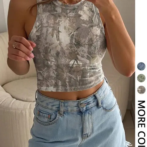 Women's Summer Casual Leaf Printed Camouflage Cropped Tank Top, Crew Neck, Sleeveless Wide Armhole, High Stretch Breathable Knit Fabric, Suitable for Beach, Outdoor, Vacation, Commute & Daily Wear, Short, Sleeveless Knitted