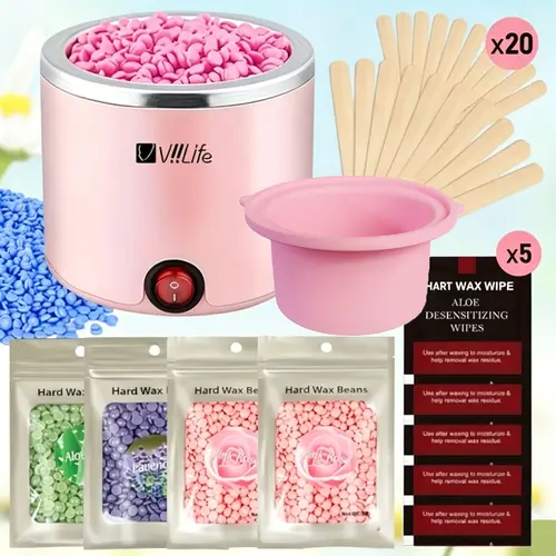 Viilife Complete Hair Removal Kit, Portable Wax Heater, 4 Packs Wax Beans, 20 Wooden Sticks, 5 Packs Wet Wipes, for Sensitive Skin