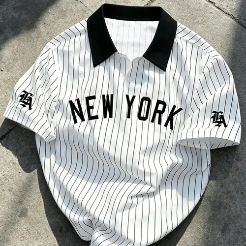 Men's Retro Vintage New York Print Striped Polo Shirt, Loose-Fit Colorblock Collar Short Sleeve Design, Trendy Casual Street Baseball Style Summer Top, Summer Polos, Summer Polo Shirts