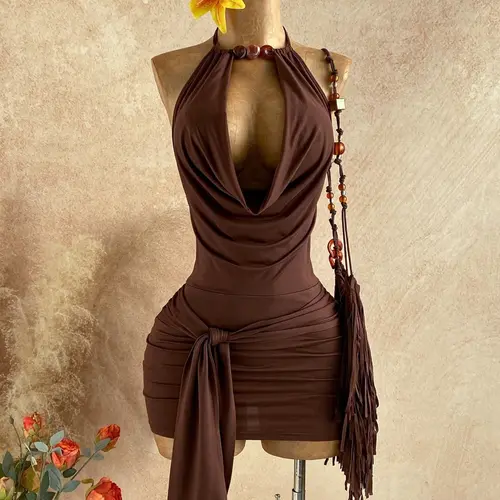 Halter deep V draped neck tie-back bodycon mini dress, featuring halter beaded design, Y2K hot girl Aesthetic style, versatile for multiple looks, perfect for Evening parties, nightclubs, music festivals, vacations and daily outings.