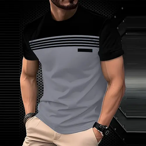 Men’s casual T-shirt — short sleeves, crew neck, striped print design, lightweight fabric, summer T-shirt, classic fit, minimalist design, soft feel, basic tee, everyday essential,Fathersdaygift