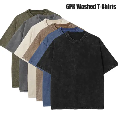 Men's 6-Pack Round Neck Heavyweight Retro Acid Wash 100% Cotton Oversized Loose-Fit Tees for Gym & Daily Wear,sohochic