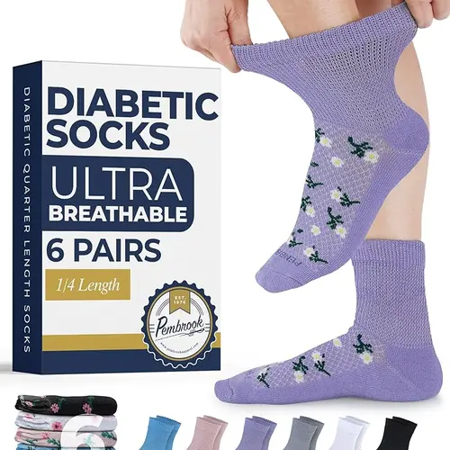 PEMBROOK Lady's Comfortable Everyday Diabetic Sock Packs - 6-Pack Women's Floral Ankle Socks, Breathable Knit, Non-Binding Top, Smooth Toe for Neuropathy