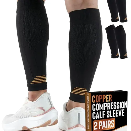 Men & Women’s 2 Pairs Copper-Infused Leg Compression Sleeves (Black/White), 20-30 mmHg Calf Support for Shin Splints, Soothing Muscle Therapy, Blood Flow Control, All Seasons Sports Leg Sleeves