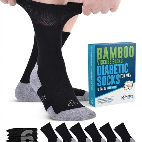 Doctor's Select Men's Diabetic Crew Sock Sets, 6 Pairs, Soft Breathable Bamboo Viscose Calf-High Socks, Ultra-Stretch Secure Top, Neuropathy Support, Moisture-Wicking, Machine Washable, Edema Relief, All Seasons Dry Feet Solutions