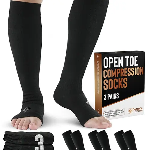 Doctor's Select Unisex Adult Copper-Infused Toeless Knee-High Compression Socks (20-30 mmHg, Black, 3 Pairs) - Solid, Comfortable, Soothing, Stretchable, Edema & Varicose Vein Support, Odor Control, Blood Circulation Aids