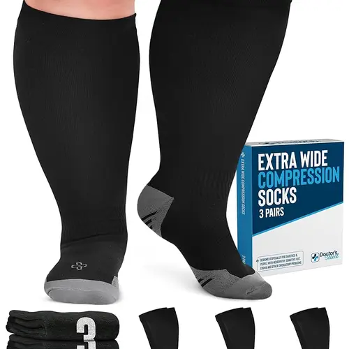 Doctor's Select Women's Plus Size Compression Socks - Extra Wide Calf, Wide Leg Fit, 20-30 mmHg Gradual Support, Black, 3 Pairs (Up to 6XL), Quality Material, Expert Craftsmanship, Durable, Designed for All-Day Wear, Long Wearing