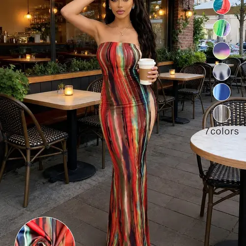 Spring Summer Women's Casual Boho Bohemian Multicolor Tie-Dye Print Off-Shoulder Sleeveless Wrap Dress, Stylish, Chic and Comfortable, Perfect for Daily Wear, Boho Summer Holiday, Womenswear, Boho Fit Dress, Bohemian Style Dresses