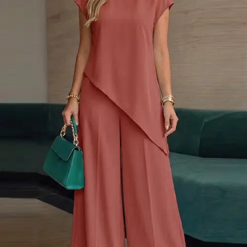 ZANZEA Women's Casual Stand Collar Short Sleeve Asymmetrical Top with Button Neck & Elastic Waist Wide-Leg Pants, Ideal for Wear, Top Trousers Set