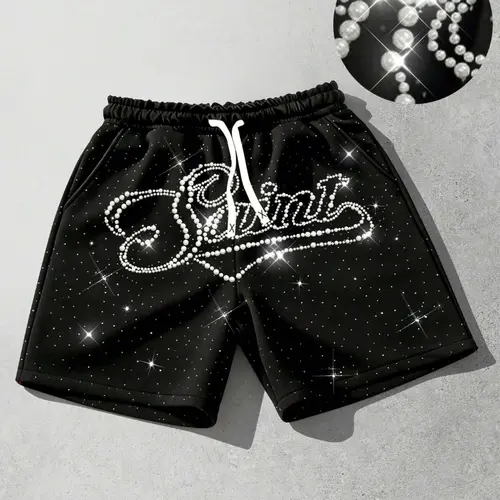 Three dimensional white nail bead shorts, fashionable unisex rhinestone shorts, men's summer casual fashion shorts, beach shorts, European and American street fashion brand hot stamping shorts, sail slogan shorts, High Street Shorts