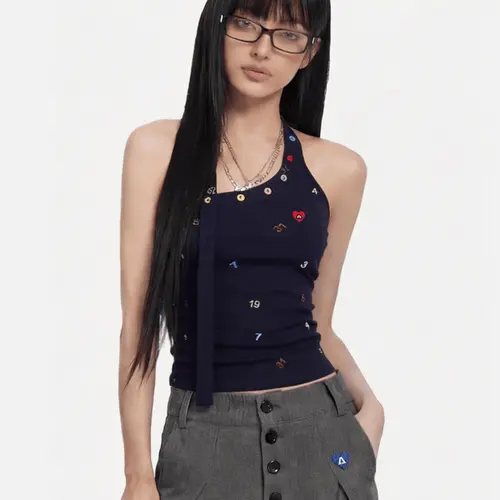 Aelfric Eden Asymmetric Halter Top Colorful Number & Heart Embroidery Slim Fit Stretch Rib Knit Casual Streetwear Women's Top, Strap, Spandex, Halter Neck, Asymmetrical,clothes for back to school,first day of school outfits
