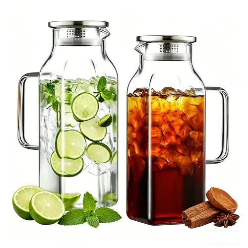 2L (68oz) Traditional Rectangle Borosilicate Glass Pitcher with Lid, Spout & Handle - Kitchenware, Home Supplies, Serving Carafe for Fridge Hot/Cold Drinks, Stainless Steel Accents
