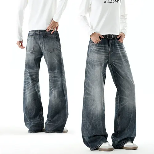 Men's Vintage Chic H-Type Wide Leg Denim Jeans - Retro Gradient Wash, Loose Fit, Side Pockets, Casual American Streetwear Bottoms