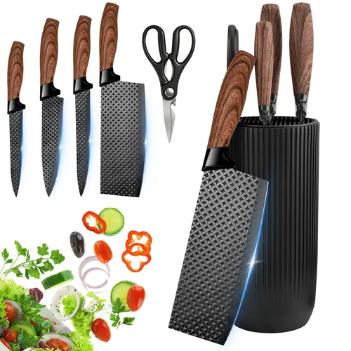 6pcs Stylish High Carbon Stainless Steel Kitchen Knives Set with Universal Block - Chef's, Slicer, Chopping, Scraper, Scissors, Ultra-Sharp Non-Stick Blades, Ergonomic Wooden Handles - Reusable Home Use, Ideal Chef Gift#fathersdaygift, Reuse
