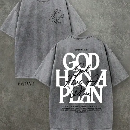 Vintage Washed "God Has a Plan" Double-Sided Print Tee | 230gsm Heavyweight Christian Streetwear, Unisex Wide-Shoulder Fit, High-Quality Cotton Casual Top for Men & Women