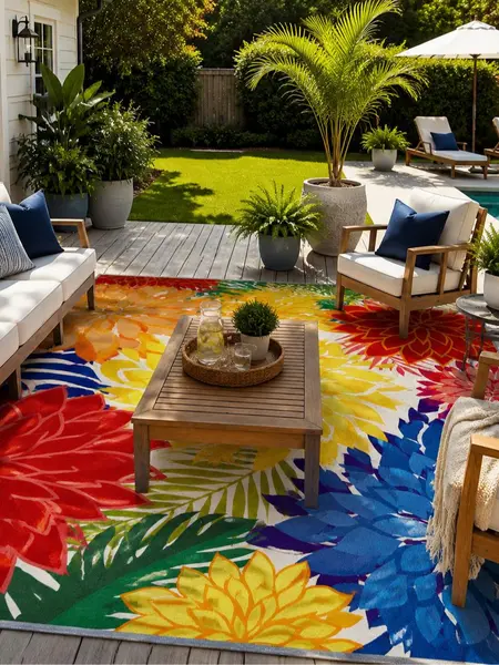 Tyrot Tropical Feel Decorative Floral Area Rug – Waterproof, Washable, Non-Slip Low Maintenance Chenille Porch Decor for Deck, Backyard Botanical Area Rugs Flatweave Outdoor Rug