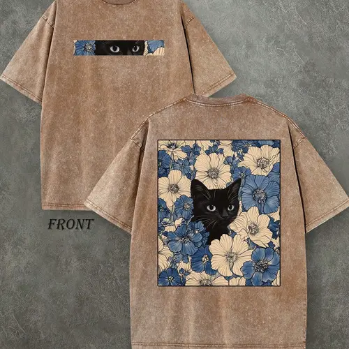 "Cat in the Flowers" Double-Sided Print T-Shirt | Retro Washed 230gsm Cotton, Men's Casual Comfortable Street Style Tee, Vintage Floral Feline Graphic Top Oversized Streetwear Menswear Soft Tshirt