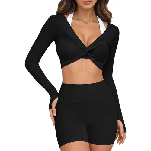 Yousify Womens Long Sleeve Workout Crop Tops Twist Deep V Neck Y2k Yoga Pilates Ballet T Shirt Top with Thumb Holes Active Tops Athletic Wear,back to school,back to school shopping