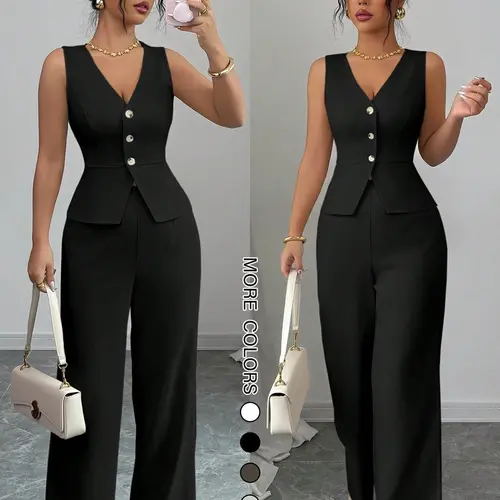2026 New European and American Women's 2-Piece Set Suits, Waist-Cropped Slim Fit Sleeveless V-Neck Vest Top + Wide Leg Pants, Fashion Professional Chic Elegant, Minimalist